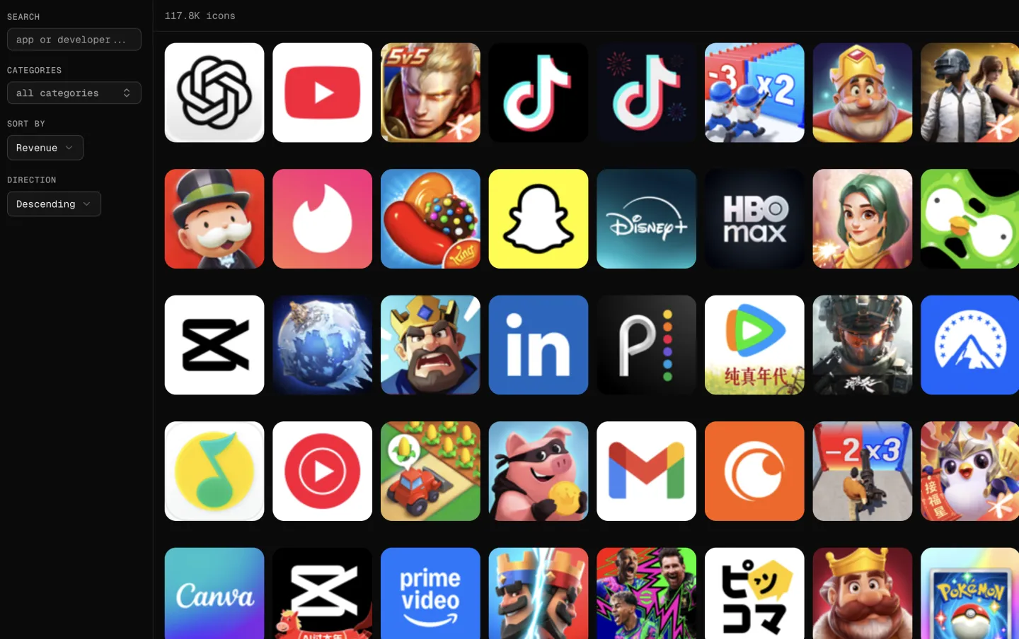 App icon inspiration grid sorted by revenue